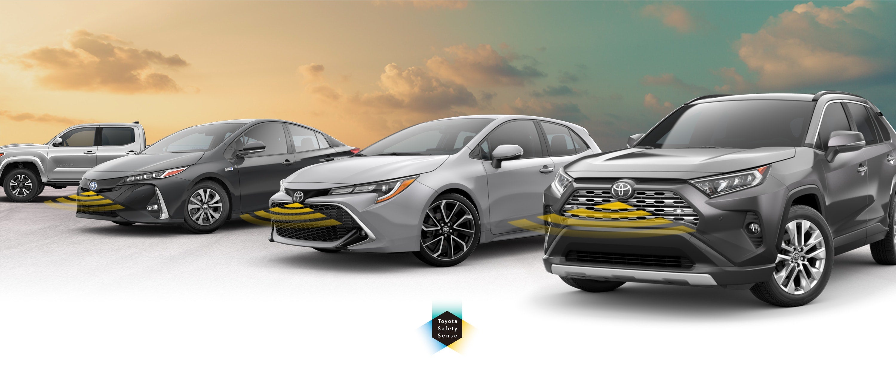 Toyota Safety Sense: Designed for Safety. Options shown on Toyota models including RAV4, Tacoma, and Camry, available now at Empire Toyota of Green Brook in Green Brook NJ.